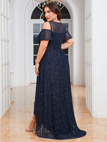 Image of ZOMVA Plus Size Sparkly Mesh Maxi Dress Cold Shoulder Ruffle Sleeve High Low A Line Dresses Wedding Guest Cocktail Party