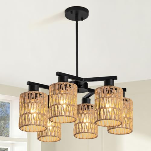 6-Light Farmhouse Rattan Chandelier for Dining Room, Black Boho Pendant Light Fixture with Hand Woven Rope Shades, Modern Coastal Hanging Pendant Lamp for Kitchen Island Foyer, Adjustable Height by DoungRos - Used condition - US$69.69