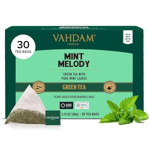 VAHDAM, Mint Melody Té Verde (30 Piramidales Bolsitas De Té) 100% Natural De Menta Y Hojas De Menta | Envasado Fresco En La India | Caliente, Frío O Como Kombucha