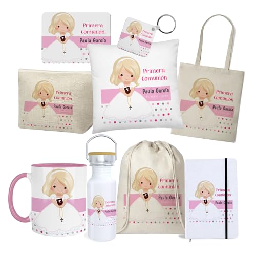 Kembilove | Pack Comunión Personalizado con Nombre y Fecha | Elige Taza Bolsa Cojín Libreta Neceser Botella Llavero y Más | Regalo Niña Comunión Original y Bonito Hecho en España