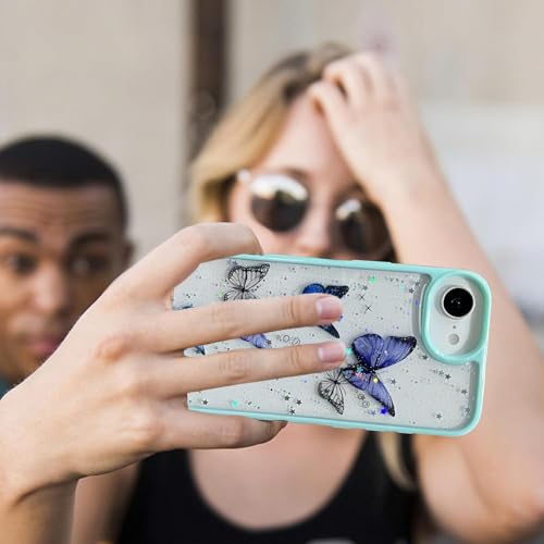 Image of VONZEE Clear Glitter Butterfly Case for iPhone 16e /17e Cover | Cute Bling Sparkle Transparent Soft TPU Bumper | Shockproof Slim Protective Back Cover for Girls & Women (Mint Green)