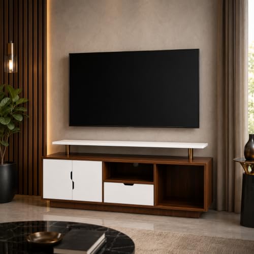 Image of GRATUS Wall Mounted TV Unit for Living Room | Wooden TV Cabinet with 3 Storage Compartments, 2 Shutters, Drawer & Open Shelf | Entertainment Center for 43, 55 & 65 Inch TVs