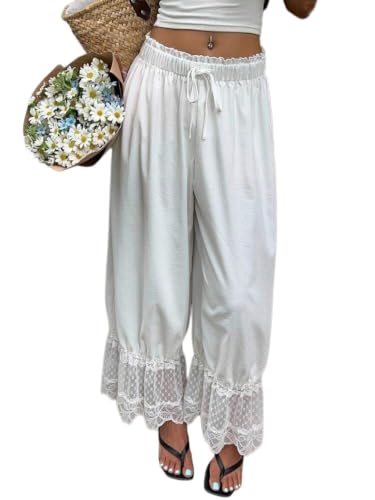 Image of UAURORAO Women Lace Trim Bloomer Pants Flowy Culottes Pantaloons Bloomers
