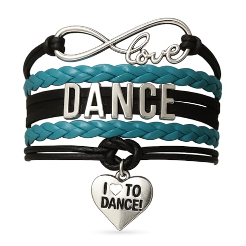 Infinity Collection Love Dance Bracelet - Teal and Black Braided Multi-Strand Adjustable Dance Accessories Charm Bracelet with I Love to Dance Heart Pendant for Dancers