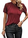 EVALESS Womens Fashion Spring Summer Tops 2025 Crewneck Sexy Patchwork Lace Short Sleeve Outfits Cute Tee Shirts Casual Going Out Knitted Tops Blouses Clothes Red Large