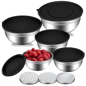 Set 5 Pezzi Ciotole in Acciaio Inox da Cucina, Ciotola Insalatiera-0.7L-1.1L-1.6L-3.6L-4.5L, Ciotole per miscelazione in Acciaio Inox con coperchi ermetico, per Lavorare e Conservare Alimenti