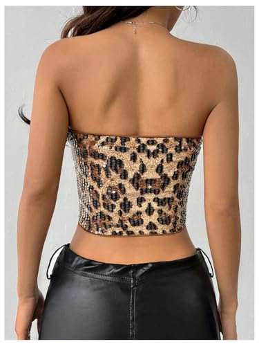 SOLY HUX Women's Leopard Print Sequin Tube Top Strapless Sleeveless Y2k Bandeau Crop Tops2