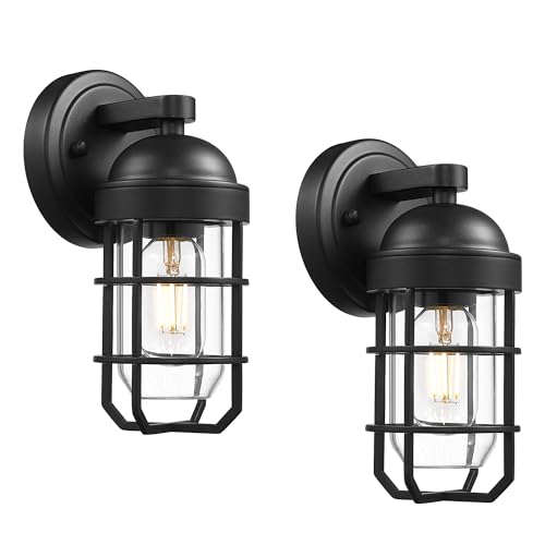 Image of Emliviar Farmhouse Outdoor Wall Light, 2 Pack Wall Light Fixtures with Clear Tempered Glass, Black Finish, GE255B-2PK BK