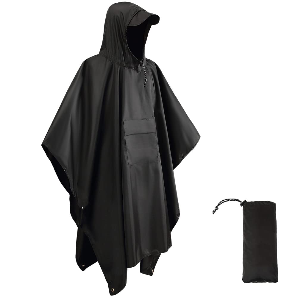 HYCOPROT Poncho de Pluie Imperméable Multifonctionnel 3 en 1, Léger 210T Oxford Réutilisable Cape de Pluie Avec Capuche, Poncho Pluie Avec Poche Poitrine pour Voyage, Randonnée, Camping, Pêche