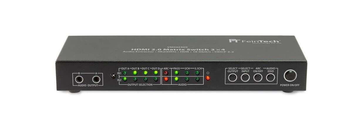 FeinTech VMS02400 HDMI 2.0 Matrix Switch 2x4 mit Audio Extractor 4K 60Hz 2X Toslink Aux