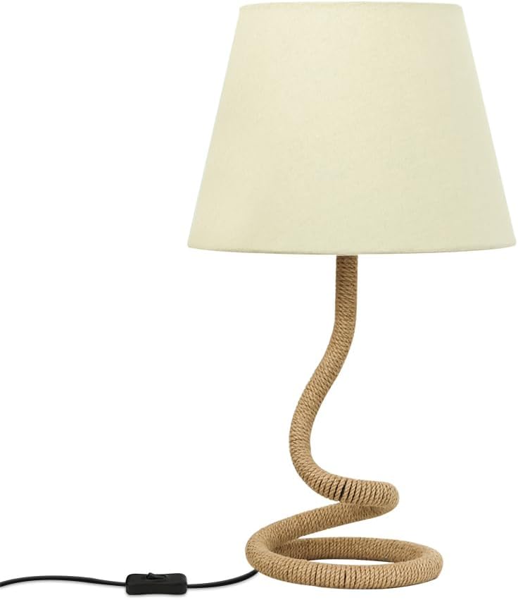 Boho Table Lamp with Beige Fabric Shade,Rattan Bedside Lamps for Living Room Bedroom,Rope Desk Light Lamps for Home Office,Bed Side Desktop Lamp,Costal Farmhouse Decor Table Light,E26 E27 Base,No Bulb