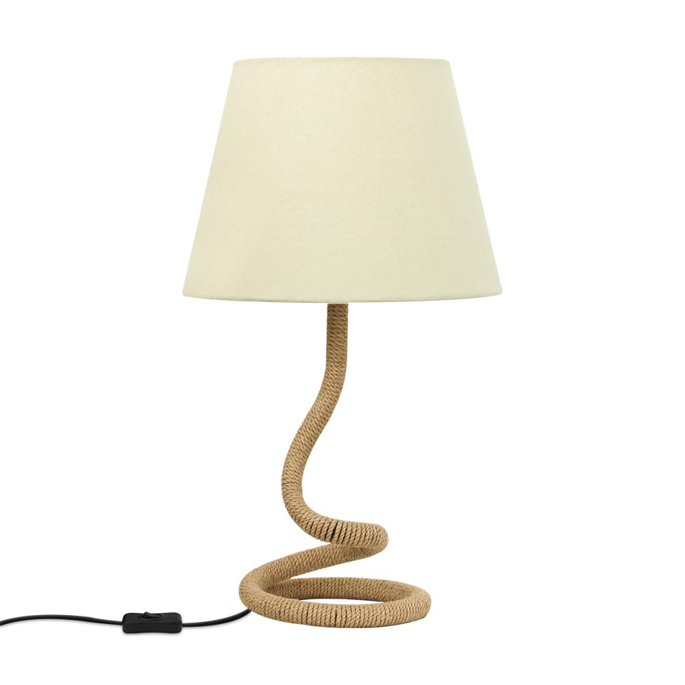 Lampa stołowa z liny konopnej, kreatywna, spersonalizowana lampka nocna, lampa na biurko z kloszem z materiału, nowoczesna dekoracja boho, przełącznik z przewodem, żelazna podstawa, głowica E27