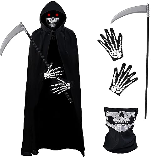 Disfraz de Parca, capa con capucha, disfraz de Parca de Halloween con máscara de cráneo, disfraz de hombre de la parca para hombre y niños, para Halloween, cosplay, carnaval