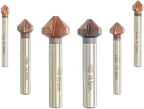 TJR Countersinks set of 6 pieces 1/4", 5/16", 1/2", 5/8", 13/16" HSS (4241) Coated 90° Degrees, for chamfering. Tool Bits Set (6,3-8,3-10,4-12,4-16,5-20,5 mm) for Steel, Aluminum, Brass, Wood, Plastic