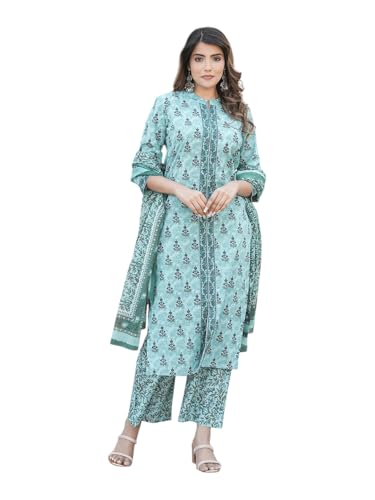 Image of Nefer Women Teal Green Pure Cotton Straight Ethnic Motifs Three-Quarter Sleeves Kurta Trouser Set With Dupatta