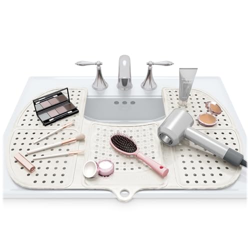 Sink Topper Bathroom Counter Cover & Storage Saver, Foldable Silicone Mat for Hot Tools, Hair Styling & Makeup, Beauty Brush Cleaning Mat, RV Camper Sink Cover & for Small Spaces (Large Pearl)
