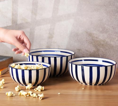Image of Niyara Stoneware Handmade Ceramic Stylish Premium Serving Bowls /Salad Tray Microwave Dishwasher Safe (Blue line Set of 3)