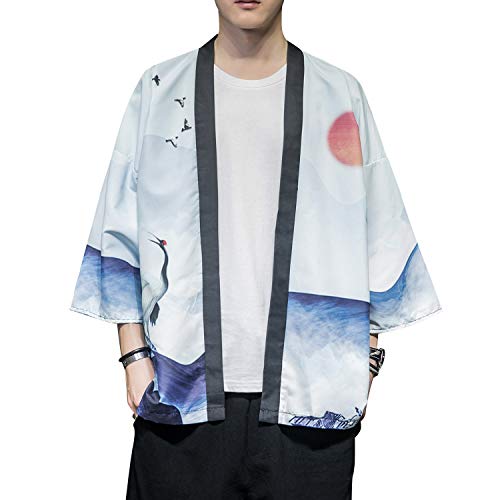 Image of Men's Japanese Kimono Robe Jacket Lightweight 3 /4 Sleeve Open Front Yukata | Silky Smooth Fashion Print Happi Coat Lightweight Breathable Loose Unisex Haori Casual Summer Cardigan Daily Beach Vacation