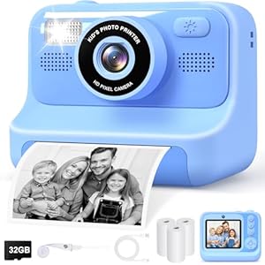Gontence Appareil Photo Instantané Enfants, 2.4" Écran Selfie Appareil Photo instantané Enfant avec Carte de 32GB & 3 Rouleaux de Papier d'impression, Jouet Cadeau Noël Fille Garcon 3 à 12 Ans(Blue)
