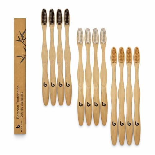BOULTON Bamboo Toothbrushes Soft Bristles – Pack of 12 | Eco Friendly Natural Wooden Toothbrush | Organic Biodegradable Handle | Plastic Free | BPA Free Tooth Brushes | Tooth Brush Multipacks