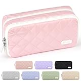 Sooez Large Pencil Case Pouch, Extra Big Pencil Bag with 8 Compartments, Pen Bag Wide Opening, Soft Quilted Pencil Pouch Organizer with Zipper, Portable Pencil Case for Teen Girls, Light Pink
