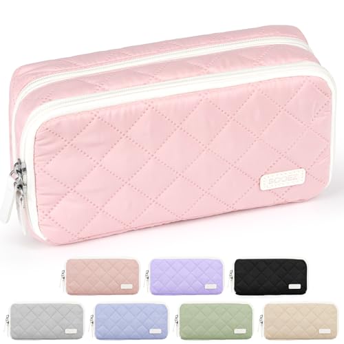 Sooez Large Pencil Case Pouch, Extra Big Pencil Bag with 8 Compartments, Pen Bag Wide Opening, Soft Quilted Pencil Pouch Organizer with Zipper, Portable Pencil Case for Teen Girls, Light Pink