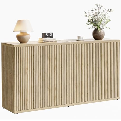 Fluted Buffet Cabinet Sideboard with Storage,Wooden Credenza with 2 Doors&Adjustable Shelve, Modern Accent Cabinets Coffee Bar Bookcase for Living Room,Kitchen Dining Room Entryway 15"D Natural Oak