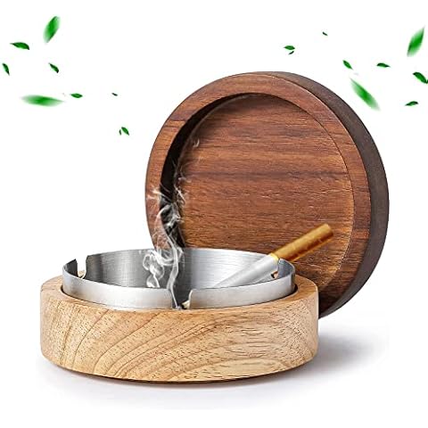 Ashtrays For Cigarettes, Outdoor And Indoor Ashtray With Lid Smell Proof Wooden Ashtray With Stainless Steel Liner Cover