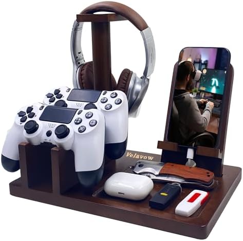 Controller and Headset Stand Controller Holder Headphone Stand for Desk Gamer Gifts Gaming Headset Stand 4 in 1 Cell Phone Stand Wood Tray