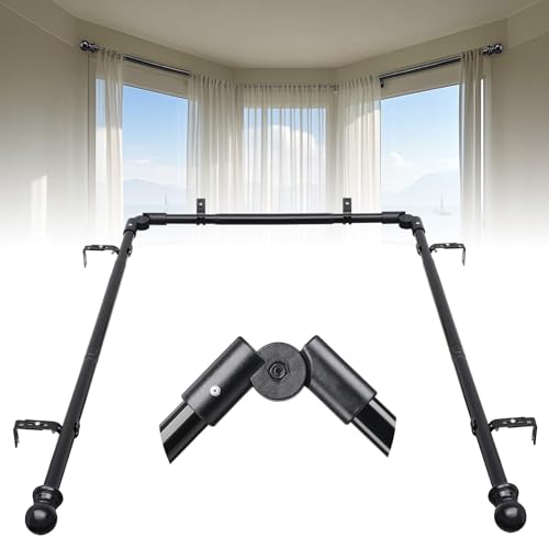 1INCH Heavy-Duty Rustproof U Shaped Curtain Rod 3 Sides Adjustable Length | Foldable Corner Curtain Rod for Bay/L/U-Shaped Windows | 15-53 Inch Side Rods 25-78 Inch Center Rods (Glossy Black)