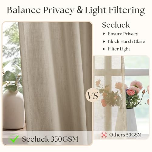 Image of Light Brown Pinch Pleated Semi Sheer Linen Rustic Curtains 96 Inch Long | Farmhouse Cottage, Light Filtering Privacy, Living Room Bedroom Dining Room, Burlap Textured, Hook Rings Memory Shape, Camel