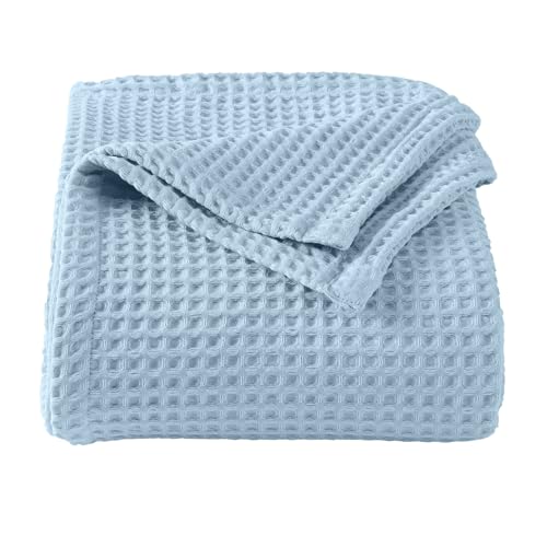 100% Cotton Waffle Weave Queen Bed Blanket | Soft, Breathable, and Lightweight Blanket for All-Seasons | Perfect for Layering | Brielle Collection (King, Sky Blue)