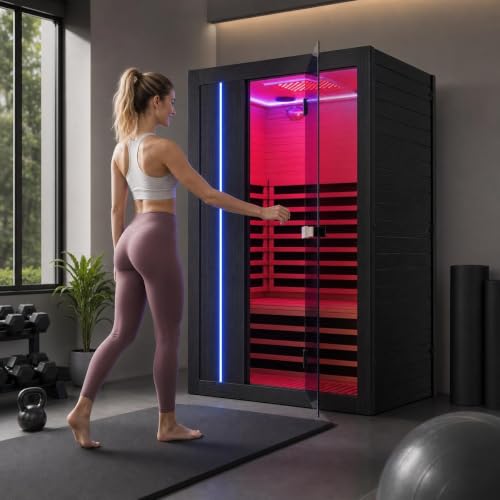 Image of 2 Person Low EMF Infrared Sauna with 9 Heating Panels for Home | 12 inch*12 inch Red Light Therapy, 120V - 2030W Indoor Dry Sauna, Bluetooth Speakers & Ambient Lighting, Canadian Hemlock