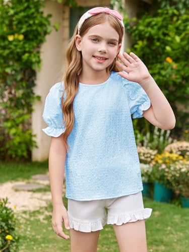 Girls Floral Puff Short Sleeve Shirts Summer Cute T Shirts Tops 5-14 Years3