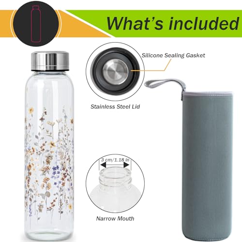 Clear Water Bottle 16 oz BPA Free Glass Drinking Bottle for Juice with Stainless Steel Lid and Neoprene Sleeve (16 ounce, Flourishing Flowers) - Image 3