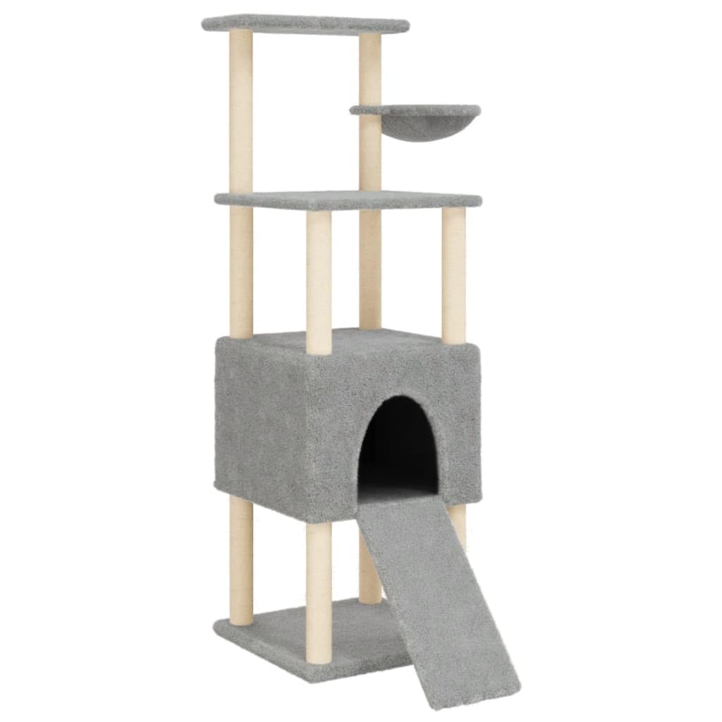 Árbol rascador de 153 cm con cueva, color gris claro | Torre para gatos de varios pisos con cueva, hueco para tumbarse y rampa de juego para el salón, estable y versátil.