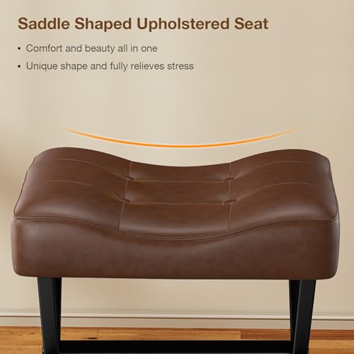 Image of Memobarco 18-Inch Large Leather Vanity Stool, Vanity Chair with Metal X-Leg, Ottoman Accent Stool with Thick Padded Saddle Seat, Dark Brown