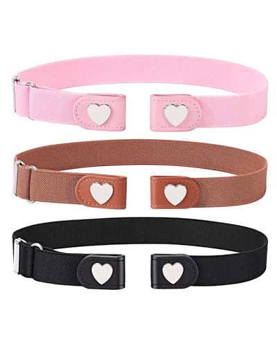 Kajeer Kindergürtel Mädchen Jungen Elastischer Gürtel Ohne Schnalle Stretchgürtel für 6 8 10 12 Jahre Teenager Mädchen für Schuluniform Jeans Hosen (Herzknopf-Schwarz +Braun + Rosa)