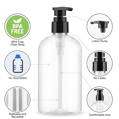 Empty Pump Bottles Dispenser 2 Pack 300ml/10.15oz. Clear Plastic Pump Bottle Dispenser for Essential Oil Soap Lotion Shampoo4