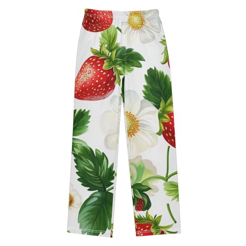 ZZXXB Strawberry with Flowers Boys Long Pants Soft Trousers Elastic Waist Kids Lounge Bottoms with Pockets S-XL