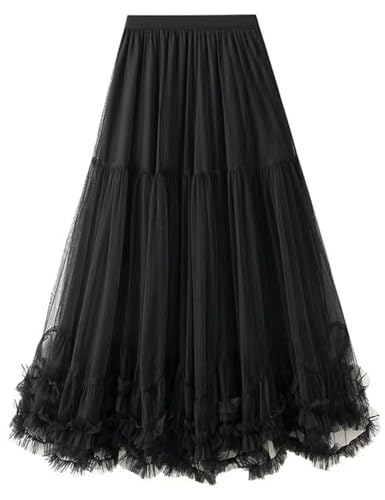 COZYPOIN Maxi Tulle Skirts for Women Elastic High Waisted A Line Long Layered Tutu Mesh Ruffles Tiered Flowy Fairy Skirt