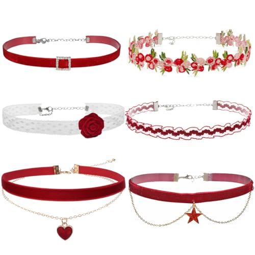 Nova&Aria 6PC Red Chokers Set For Women Heart Pearl Choker Necklaces Flower Pendant Velvet Cute Choker Necklace Classic Tattoo Colorful Lace Chokers-37