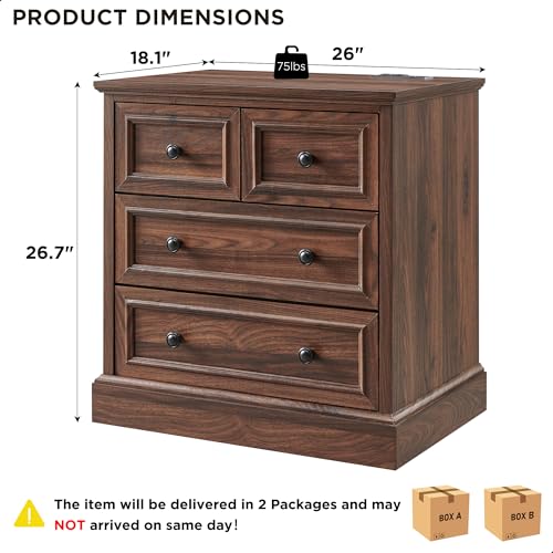 Image of ACCOHOHO 26 inch W Nightstands Set of 2, Farmhouse End Table with 4 Drawers for Storage, Nightstand with Charging Station for Bedroom, Brown