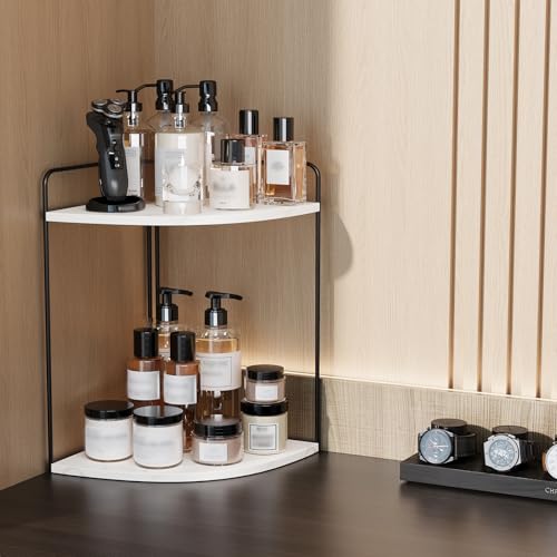 Image of Forest Angle Bathroom Counter Organizer,Countertop Organizer,Vanity Organizers,Bathroom Storage,Bathroom Sink Caddy,Counter Shelf,Corner Counter,Corner Shelves(Black-White Marble)