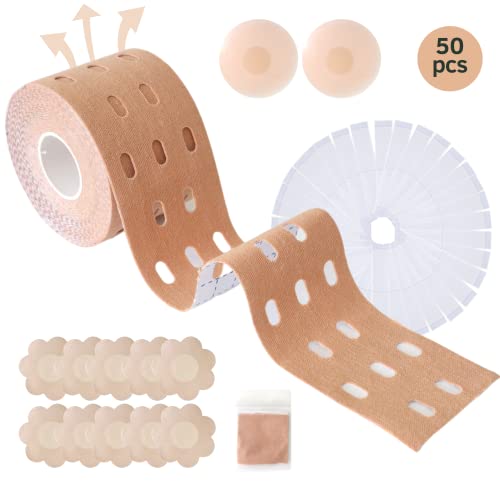 KLAPIA Sujetador Adhesivo Push up -1 Cinta Levantamiento de Senos Boob Tape - 2 Pezoneras Silicona - 10 Cubrepezones Desechables - 36 Tiras Ropa Adhesivas Doble Cara- 1 Test Sensibilidad Pack 50 Ud Cover