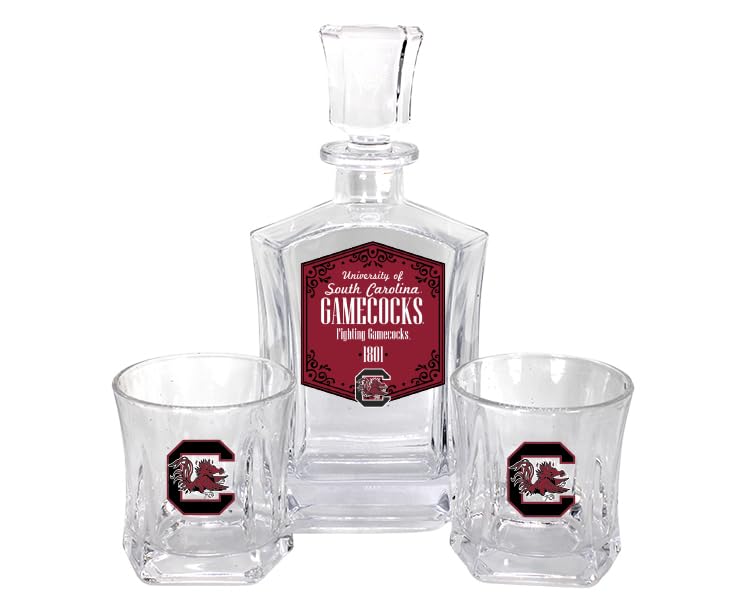 South Carolina Gamecocks Decanter Set, Officially Licensed, Includes 25 oz Decanter and Two 10 oz Rocks Glasses