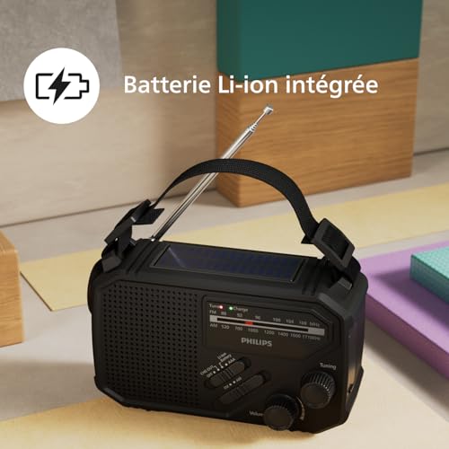 Philips TAR1609 Radio FM/AM Portable avec Batterie Interne Rechargeable, Pile AAA, Recharge de Secours à manivelle, Solaire, Lampe LED intégrée pour Camping, randonnée, pannes d'électricité