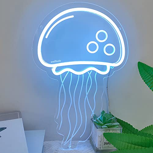 welltodo Jellyfish Neon Signs,Cool Ice Blue Neon Sign for Wall Décor, LED Neon Light Sign for Girls Bedroom Ocean Display Room,Kids Birthday Gift, Wedding Party, Holiday Decoration Powered by USB