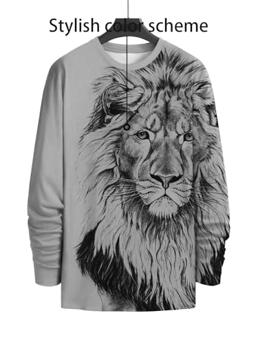 Men's Long Sleeve Basic Top Fashion Lion Pattern Round Neck T Shirt Round Neck Red3