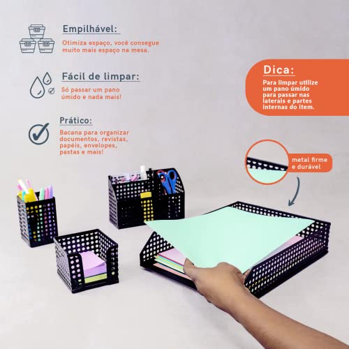 KIT PORTA DOCUMENTOS, PORTA LÁPIS, PORTA BLOCO DE ANOTAÇÕES E PORTA OBJETOS PRETO 4 PÇS - OIKOS